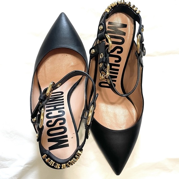 MOSCHINO Black Leather Logo Charm Ankle Strap Heels Size 37 - Picture 7 of 7
